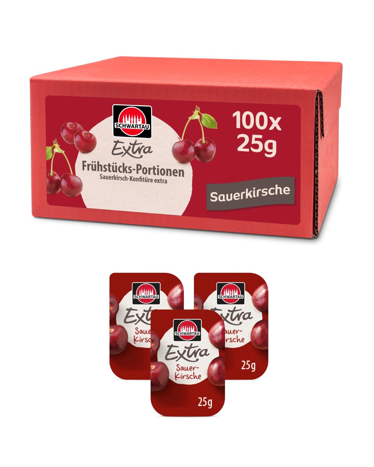 Schwartau Samt Portionen Mix-Box, Konfitüre Portionsschalen (50 x Erdbeere, 25 x Aprikose, 25 x zweierlei Kirsch), Großpackung, 100 x 25g