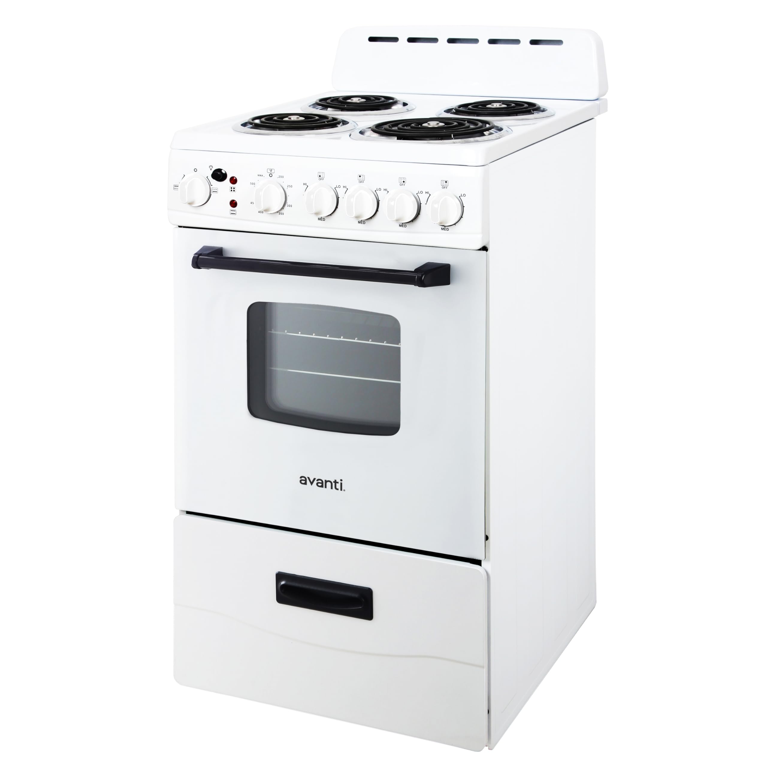 Avanti Electric Range Oven Compact Design, 2.1-Cu.Ft. Capacity with 4 Coil Burners, Framed Glass Oven Door, Storage Drawer and Broiler with Pan Perfect for Apartments, 20-Inch, Stainless Steel