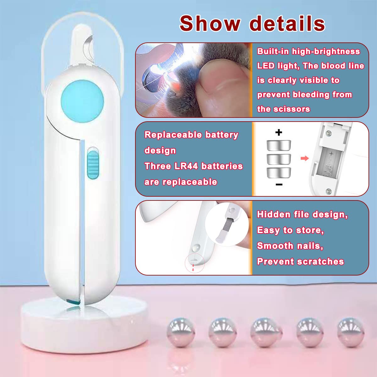 EPROICKS Nagelknipser mit Led-Licht für Hunde Katzen, Krallenschere für Katzen Hunde, mit Nagelfeile und Spritzfest Schutzvorrichtung, für Mittlere und Kleine Haustiere Krallenpflege