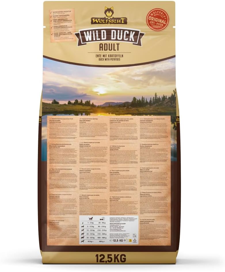 WOLFSBLUT – Wild Duck Adult | Trockenfutter mit natürlichen Zutaten und Superfoods für ausgewachsene Hunde. Getreidefreies Alleinfutter ohne Zusatzstoffe im Beutel | 12,5kg Ente