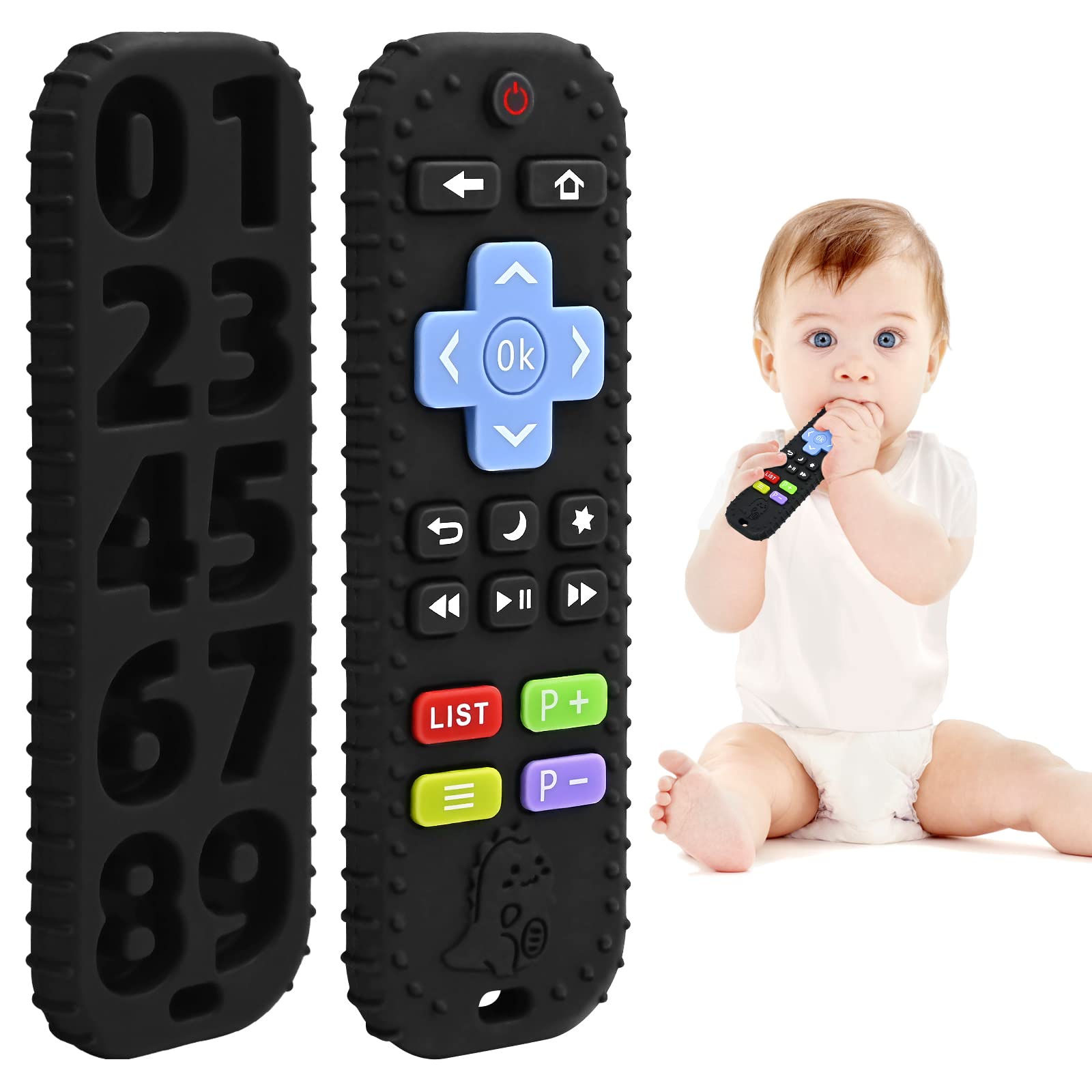 Zahnen Beißringe Spielzeug für Babys 3-6-12 Monate Geschenke, Fernbedienung Baby Zahnungshilfe für 7 8 9 Monate Kleinkind Autismus, Lebensmittelqualität Silikon Badespielzeug, Schwarz