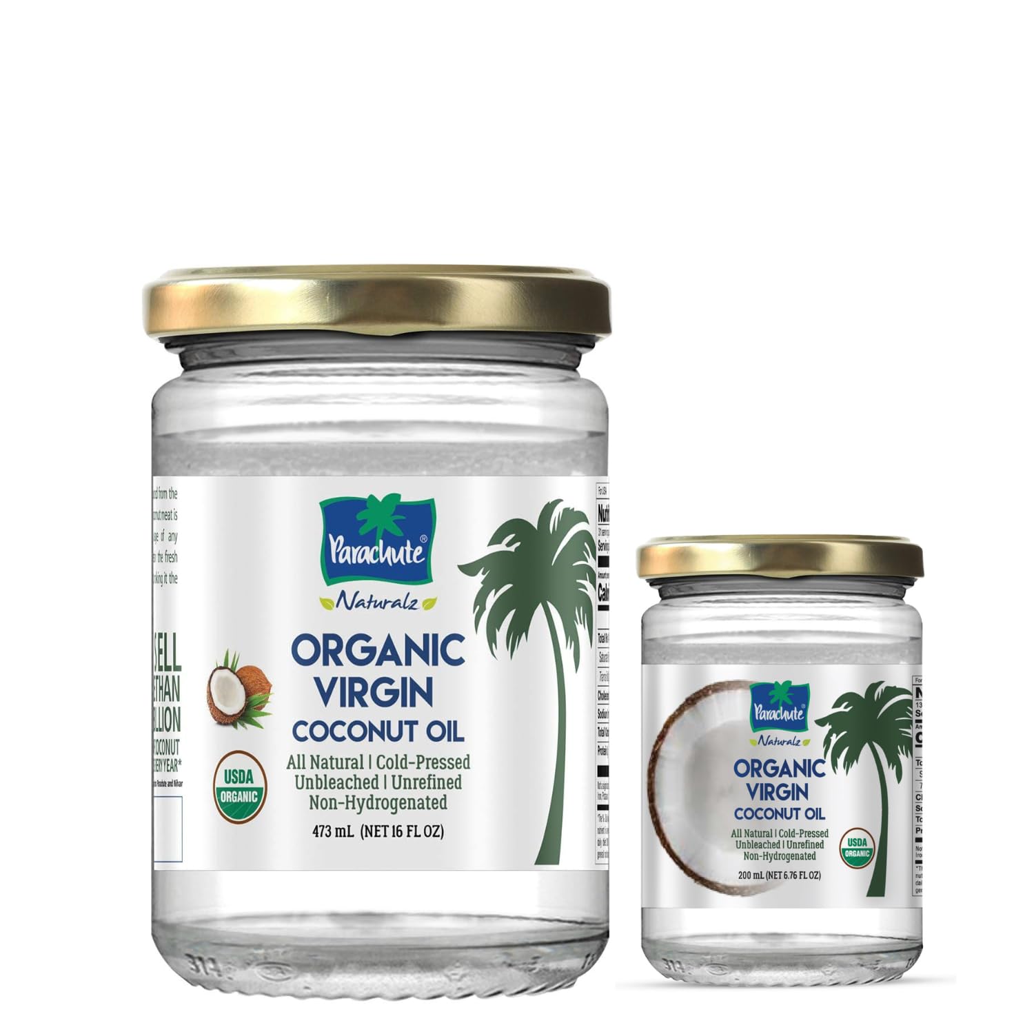 Parachute Naturalz Organic Virgin Coconut Oil | For Cooking, Hair, Body & Oil Pulling | Cold Pressed | Unbleached | Unrefined | Non-Hydrogenated | MCT Oil | USDA Certified |16 Fl.Oz | Glass Jar