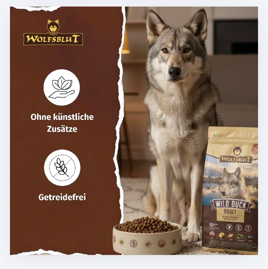 WOLFSBLUT – Wild Duck Adult | Trockenfutter mit natürlichen Zutaten und Superfoods für ausgewachsene Hunde. Getreidefreies Alleinfutter ohne Zusatzstoffe im Beutel | 12,5kg Ente