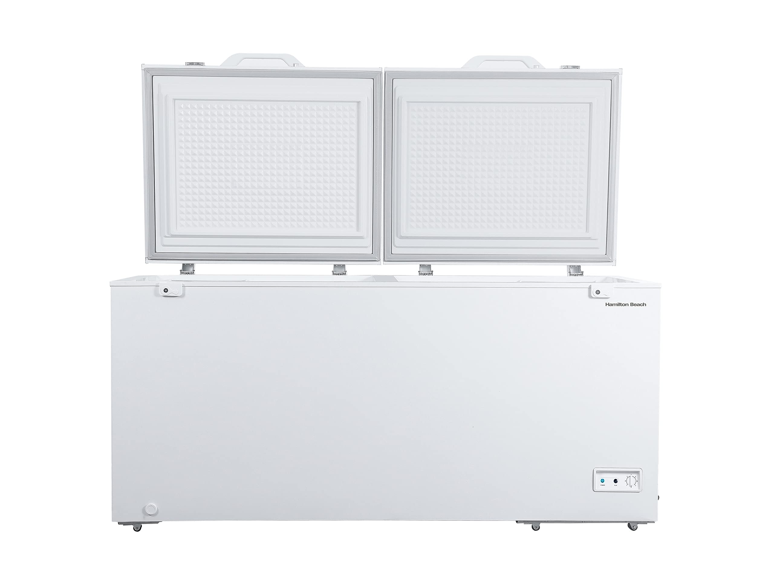 Hamilton Beach HBFRF2129 21 cu ft Double Door LID Garage-Ready Chest Freezer-White, Vinyl-Coated Baskets, Space-Saving Flat Back, Stay-Open, Front-Access Drain, for Storage, Hunting, Large Family