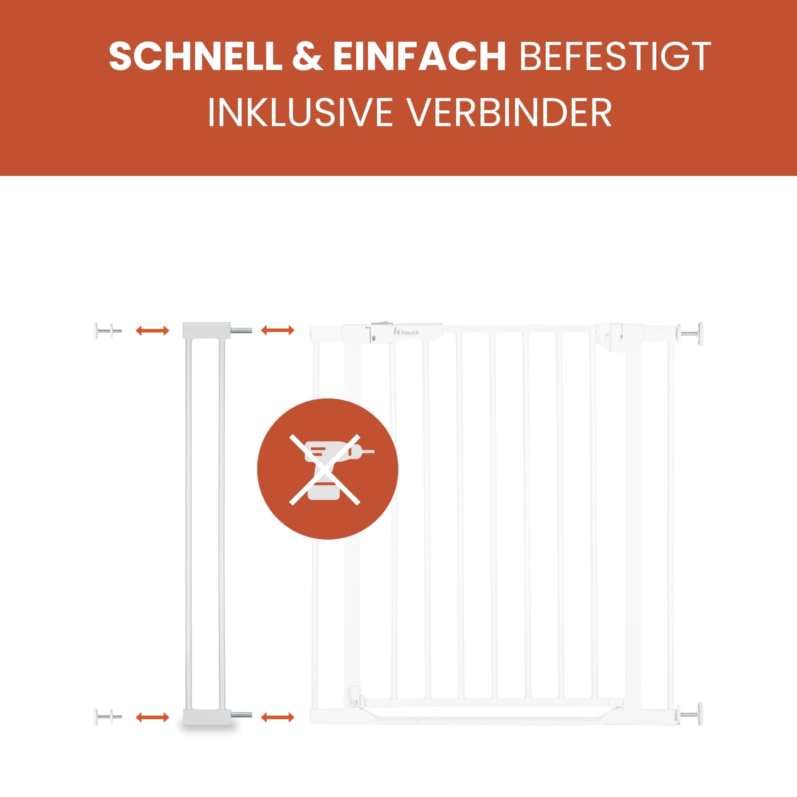 hauck Open N Stop 2 + 21 cm Verlängerung, Weiß - Kinderschutzgitter Hundegitter, Verstellbare Breite 96-101 cm, 77 cm Hoch, Beidseitige Einhand Öffnung, ohne Bohren, für Innen