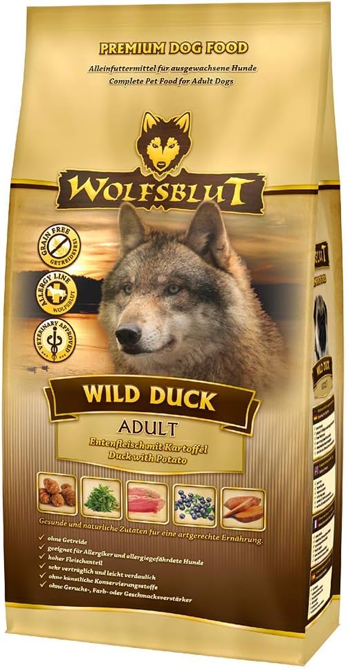 WOLFSBLUT – Wild Duck Adult | Trockenfutter mit natürlichen Zutaten und Superfoods für ausgewachsene Hunde. Getreidefreies Alleinfutter ohne Zusatzstoffe im Beutel | 12,5kg Ente
