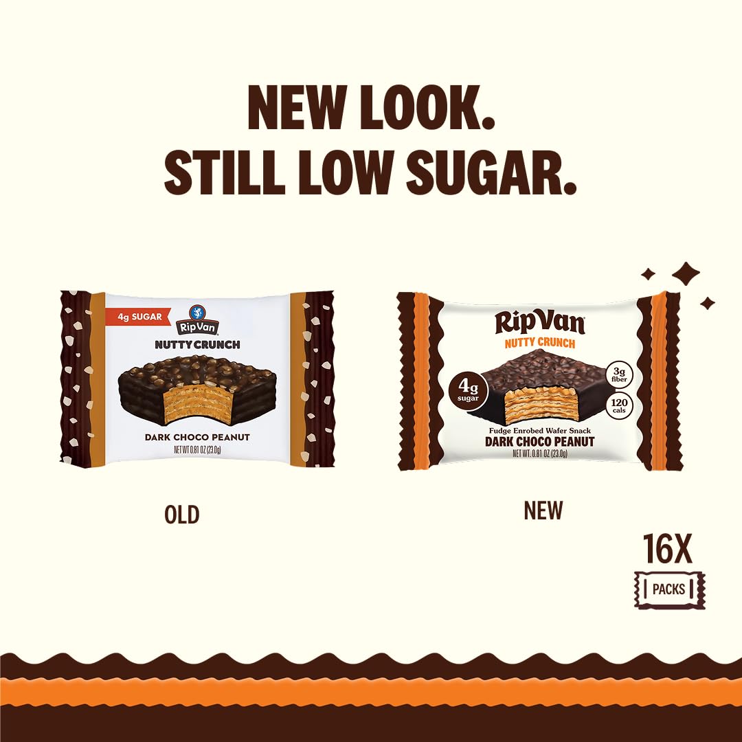 Rip Van Keto Wafer Cookies - Healthy Snacks - Non GMO Snack - Keto Snacks - Low Carb, Low Sugar (2g), Low Calorie and Vegan Snack - 16 Count (Dark Chocolate Peanut Butter)
