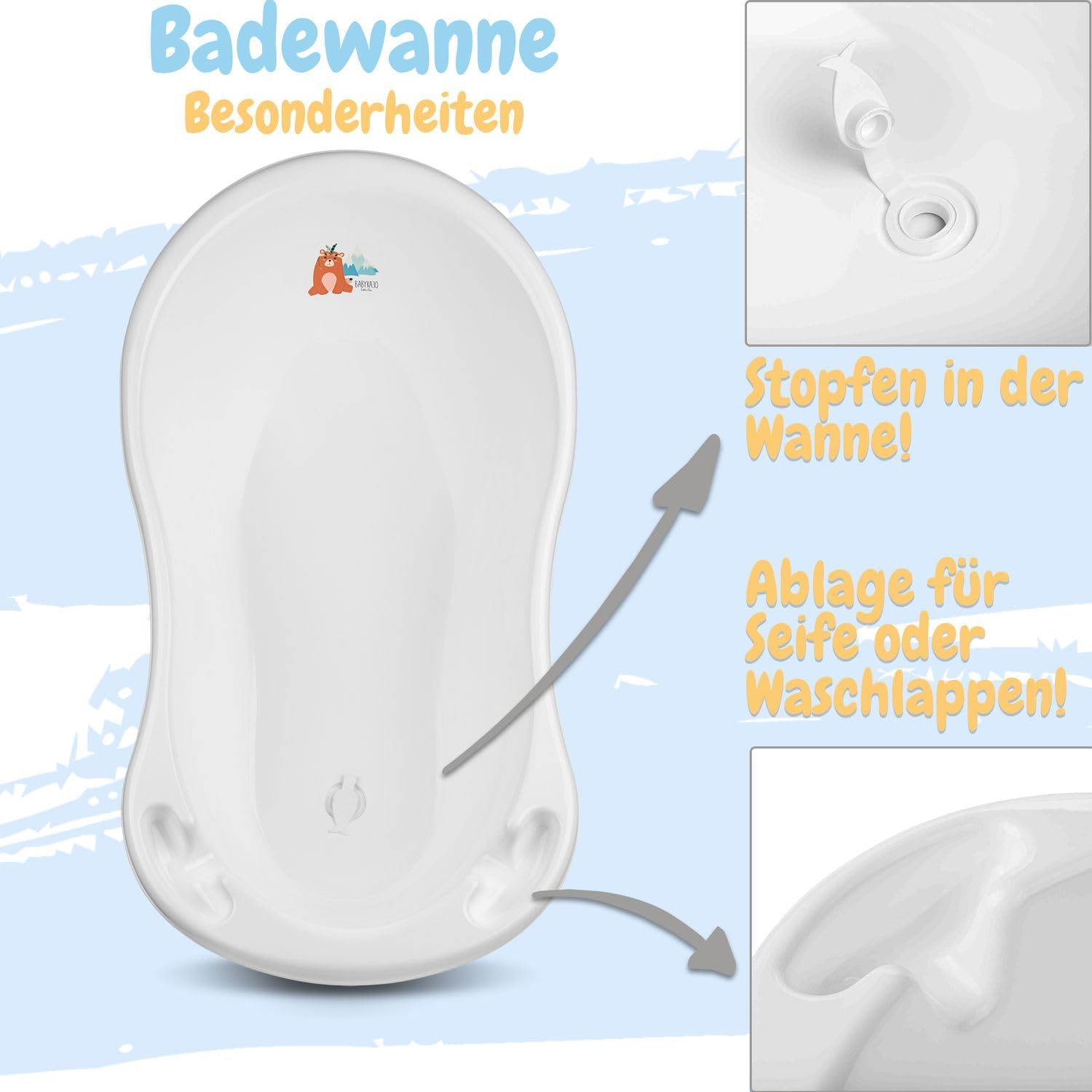 Baby Badewanne mit Gestell 4 Set TÜV Rheinland zertifiziert! Babybadewannen + Baby Badewannensitz +Abfluss + Gestell - Babywanne mit Ständer! Baby Pflegeset für Neugeborene.