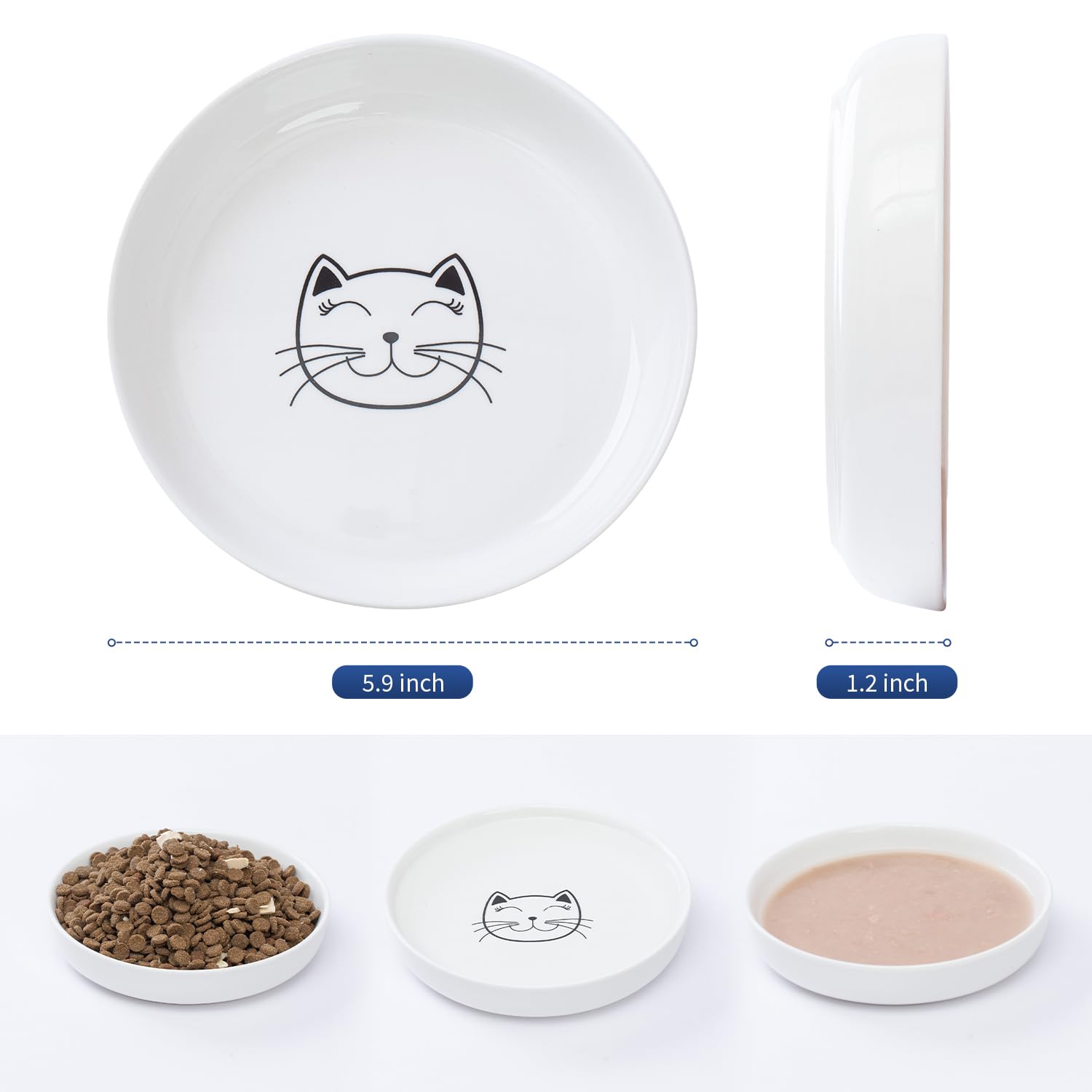 Lusifaco Keramik Katzennapf Erhöht, 15 cm Breite, Erhöhter Katzennapf aus Keramik mit Bambusständer, Schnurrhaarfreundliche Katzen Futternapf, Futterstation Katze, Fressnapf Kätzchen(2er-Set)