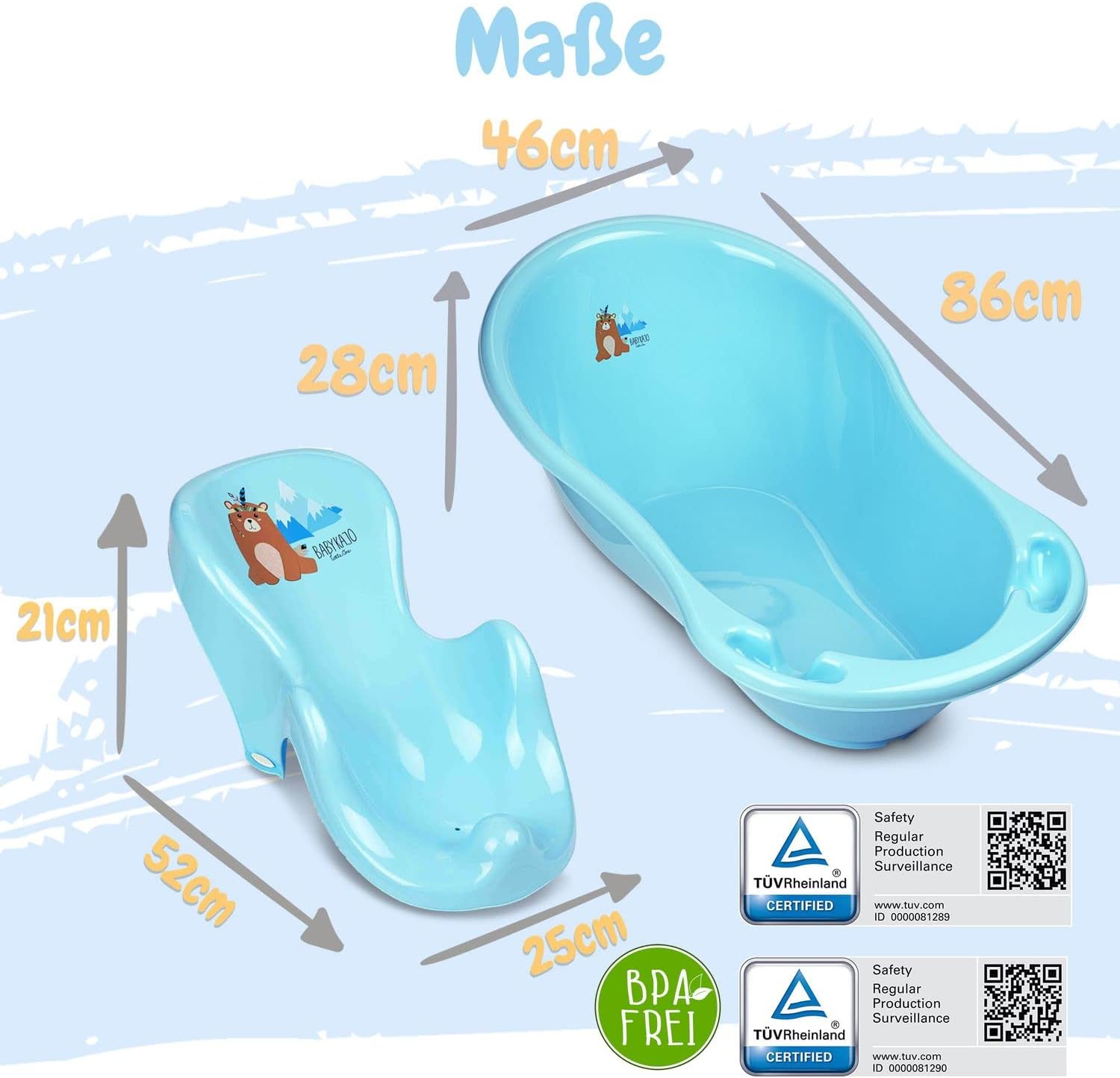 Baby Badewanne mit Gestell 4 Set TÜV Rheinland zertifiziert! Babybadewannen + Baby Badewannensitz +Abfluss + Gestell - Babywanne mit Ständer! Baby Pflegeset für Neugeborene.