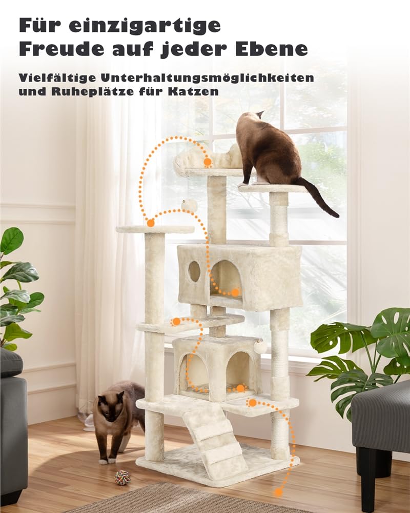 Yaheetech Kratzbaum Groß, 139 cm hoch, Mehrstöckiger Katzenbaum Kletterturm mit 3 Kratzsäulen, 3 Plattformen, 2 Gemütlichen Höhlen, 2 Plüschbällen, Stabiler Aktivitätsbereich für Katzen, Dunkelgrau