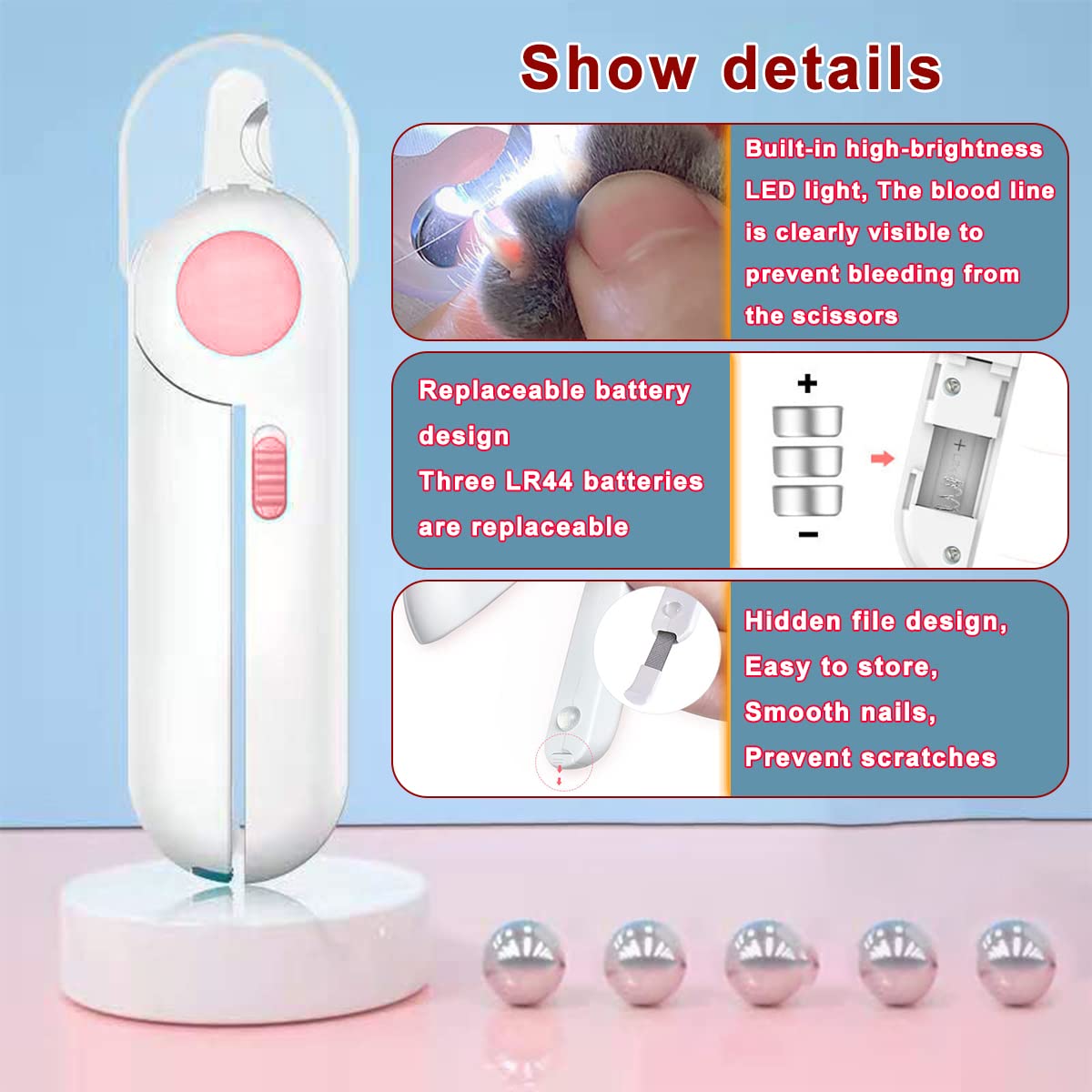 EPROICKS Nagelknipser mit Led-Licht für Hunde Katzen, Krallenschere für Katzen Hunde, mit Nagelfeile und Spritzfest Schutzvorrichtung, für Mittlere und Kleine Haustiere Krallenpflege