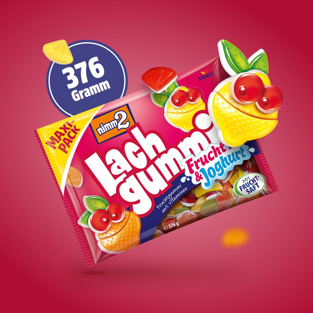 nimm2 Lachgummi – 1 x 376 g Maxi Pack – Fruchtgummi mit Fruchtsaft und Vitaminen – Süßigkeit in sechs Geschmacksrichtungen