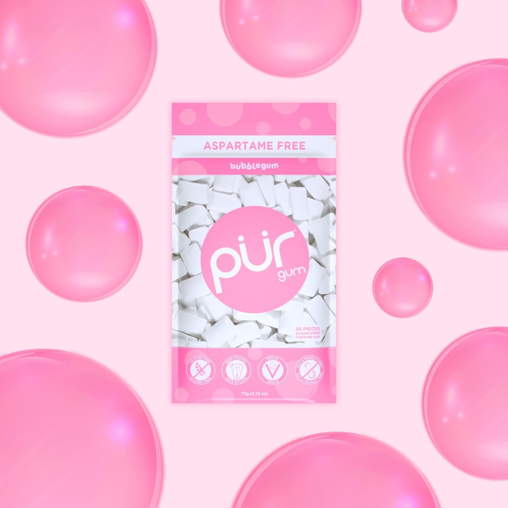 PUR Gum | Zuckerfreier Kaugummi | Mit Xylit | Vegan, Aspartamfrei & Glutenfrei | Natürlicher Kaugummi Mit Spearmint-Geschmack, 55 Stück (3er Pack)