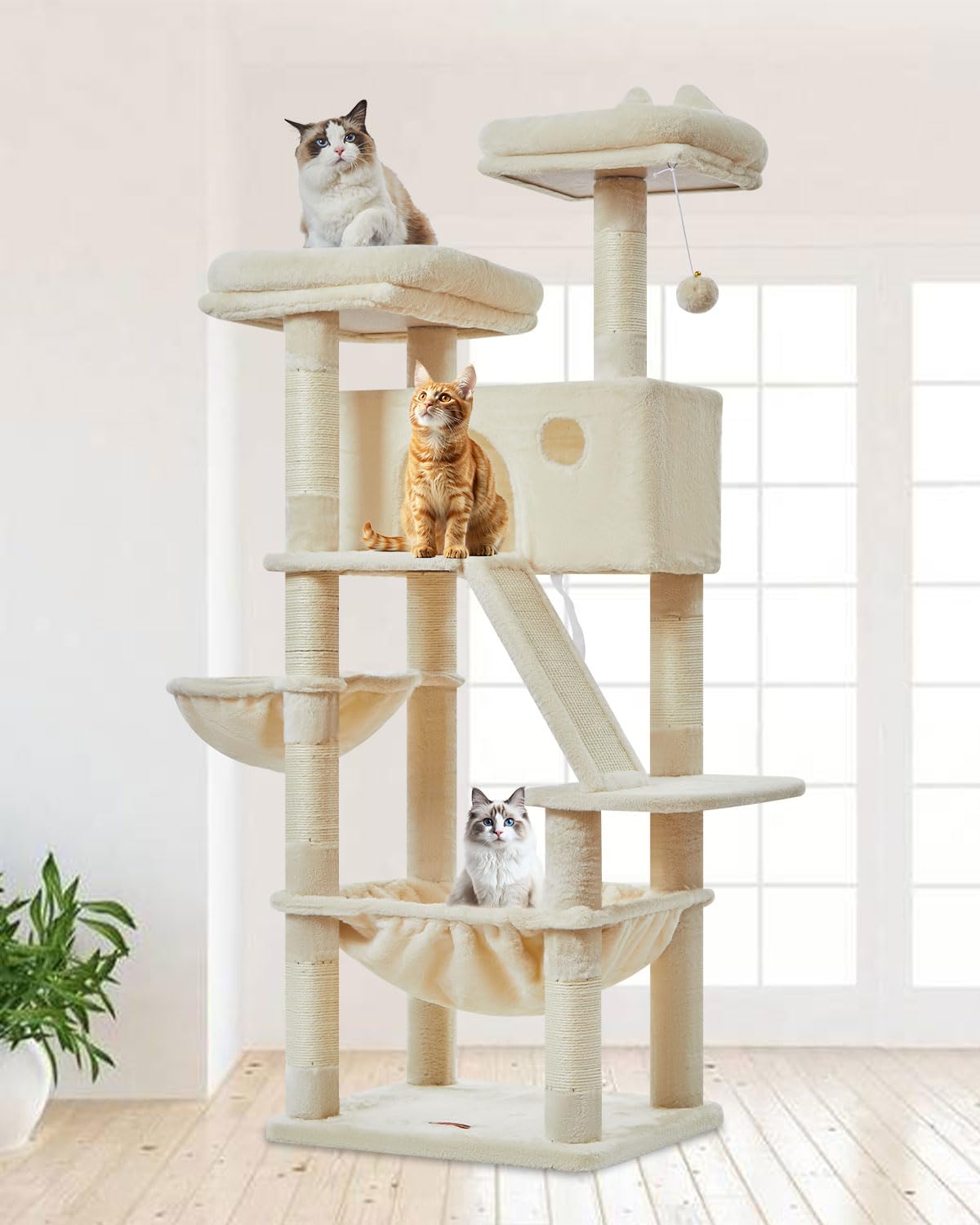 Taoqimiao 180CM Kratzbaum Groß, Katzenbaum Katzen Kratzbaum Grosse Katzen Stabil mit 2 Katzenhaus, Metallhängematte, Korb, 8 Kratzsäulen, Katzenkratztafel, MS026LM Beige