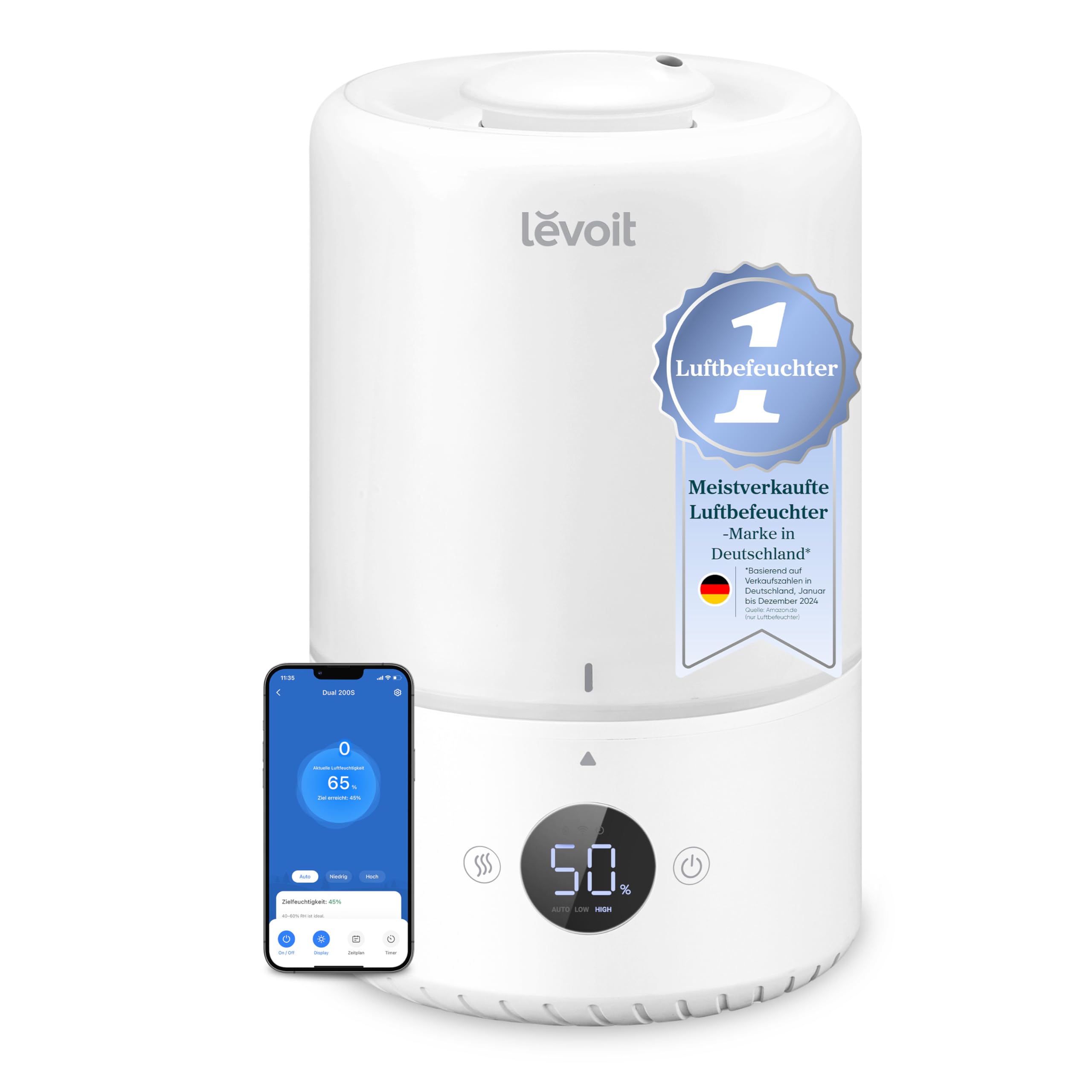 Levoit Luftbefeuchter Schlafzimmer, 23dB leise Humidifier, Top-Fill für Baby, bis 25H, Raumbefeuchter mit 360 grad Drehdüse für Kinderzimmer, Pflanzen, Auto Shut-off, 2,5 L, Weiß