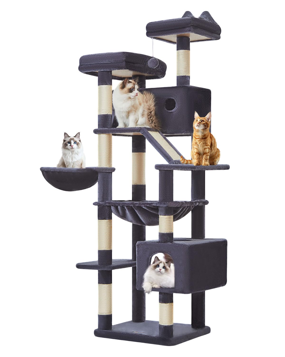 Taoqimiao 180CM Kratzbaum Groß, Katzenbaum Katzen Kratzbaum Grosse Katzen Stabil mit 2 Katzenhaus, Metallhängematte, Korb, 8 Kratzsäulen, Katzenkratztafel, MS026LM Beige