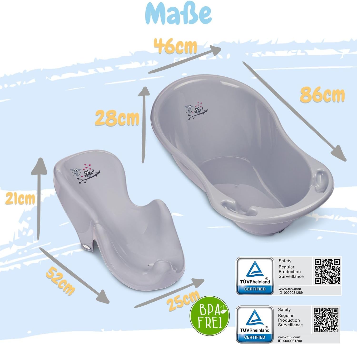 Baby Badewanne mit Gestell 4 Set TÜV Rheinland zertifiziert! Babybadewannen + Baby Badewannensitz +Abfluss + Gestell - Babywanne mit Ständer! Baby Pflegeset für Neugeborene.