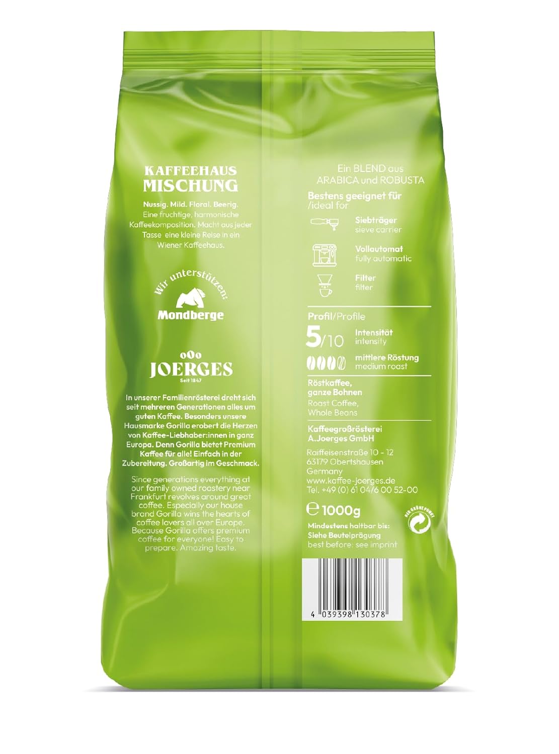 Joerges Gorilla Super Bar Crema Kaffeebohnen 1 kg Vollmundiger Geschmack, intensives Aroma in jeder Tasse