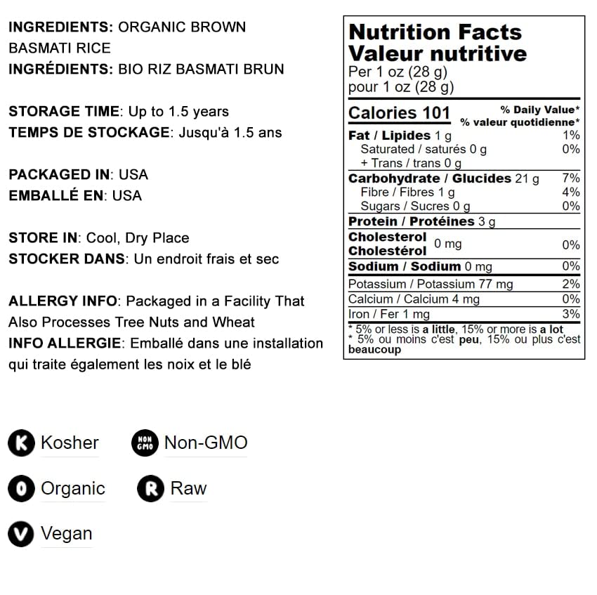 Food to Live Organic Brown Basmati Rice, 5 Pounds Non-GMO, Whole Long-Grain Rice Variety, Fragrant, Kosher, Vegan, Bulk. Less Starch Content. High in Dietary Fiber. Great for Making Stir-Fries