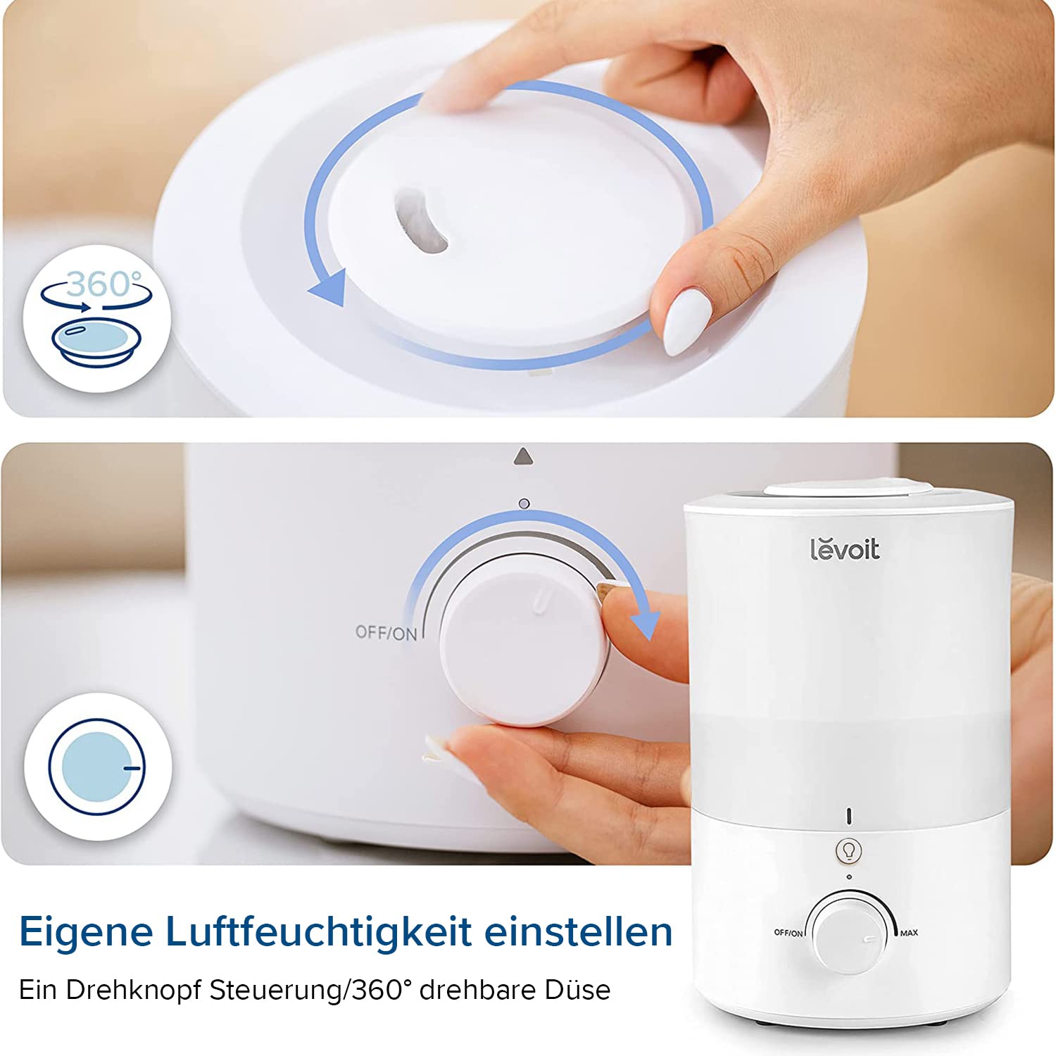 Levoit Luftbefeuchter Schlafzimmer, 23dB leise Humidifier, Top-Fill für Baby, bis 25H, Raumbefeuchter mit 360 grad Drehdüse für Kinderzimmer, Pflanzen, Auto Shut-off, 2,5 L, Weiß