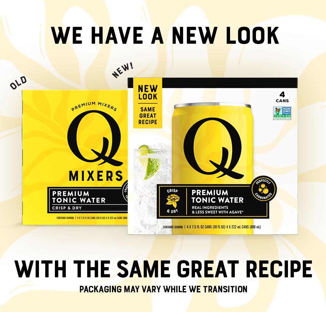 Q TONIC WATER with Real Quinine & Organic Agave - Ideal for Cocktails & Mocktails - Made with Real Ingredients, Perfectly Carbonated & Less Sweet - 45 Calories per Can - 7.5 Fl oz (Pack of 24)