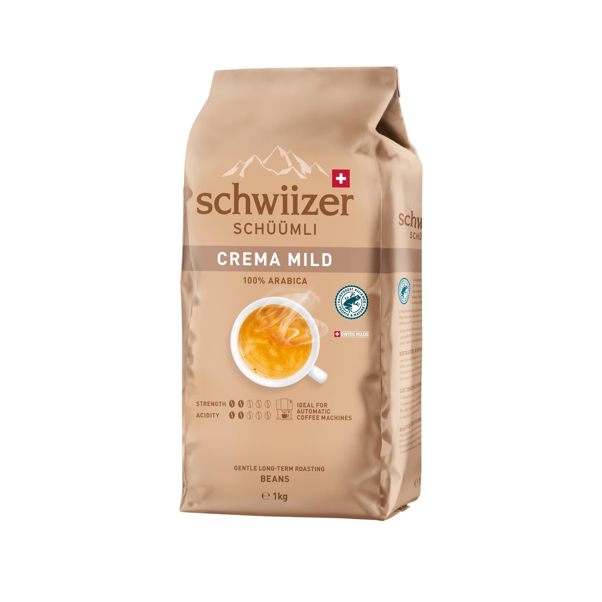 Schwiizer Schüümli Espresso, 100% Arabica Kaffeebohnen, kräftig-intensiv, ideal für Vollautomaten, Stärke 4/5, mittlere Röstung, Rainforest Alliance, 1kg