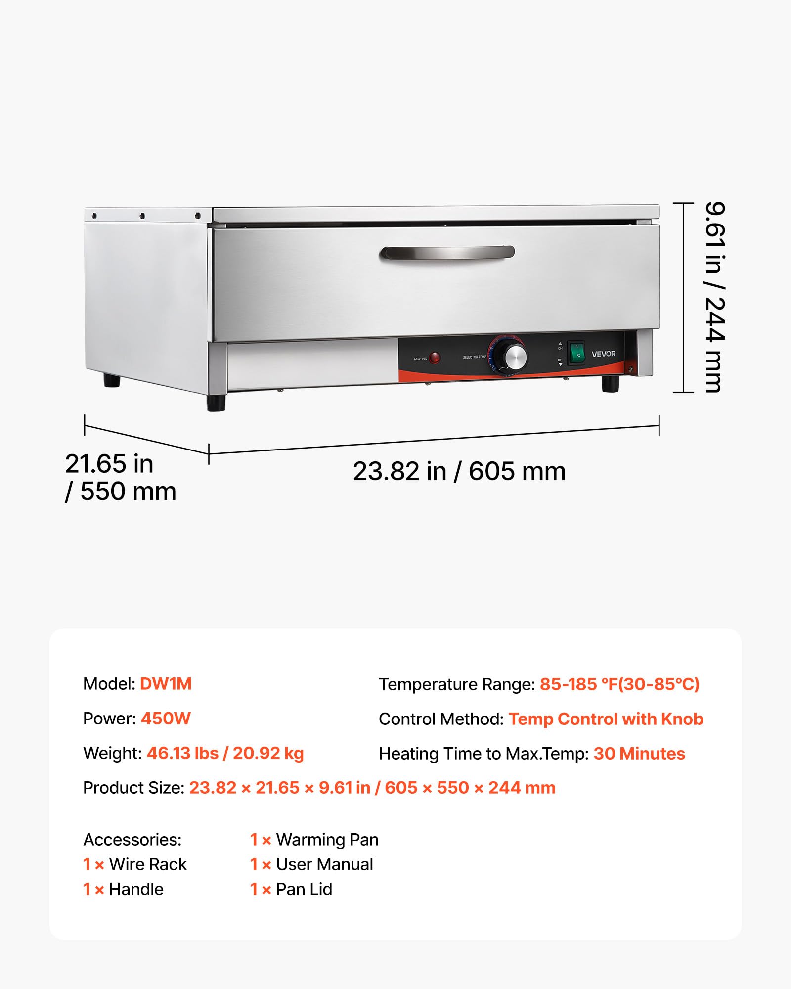 VEVOR Commercial Electric Drawer Warmer, Single-Drawer Stainless Steel Food Warmer, Freestanding Slim Warming Drawer Cabinet, 85°F–185°F Wide Temperature Range, for Restaurant, Hotel, Bakery & Kitchen