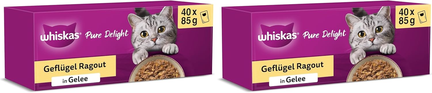 Whiskas 1+ Katzennassfutter Ragout Geflügel Auswahl in Gelee, 40x85g (1 Packung) – Hochwertiges Nassfutter für ausgewachsene Katzen in 40 Portionsbeuteln