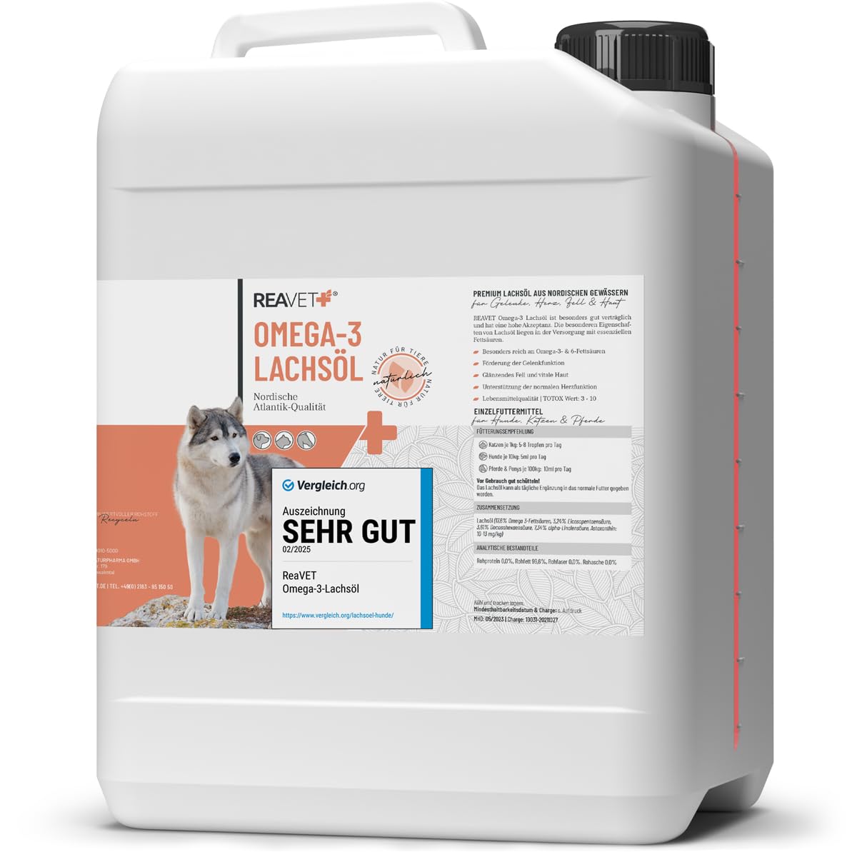 TESTURTEIL SEHR GUT 2025 ReaVET Lachsöl Hunde 1 Liter – Reich an Omega 3 & 6, Fischöl Hund hochdosiert, echte Lebensmittelqualität ohne Zusätze, frisch abgefüllt in Deutschland
