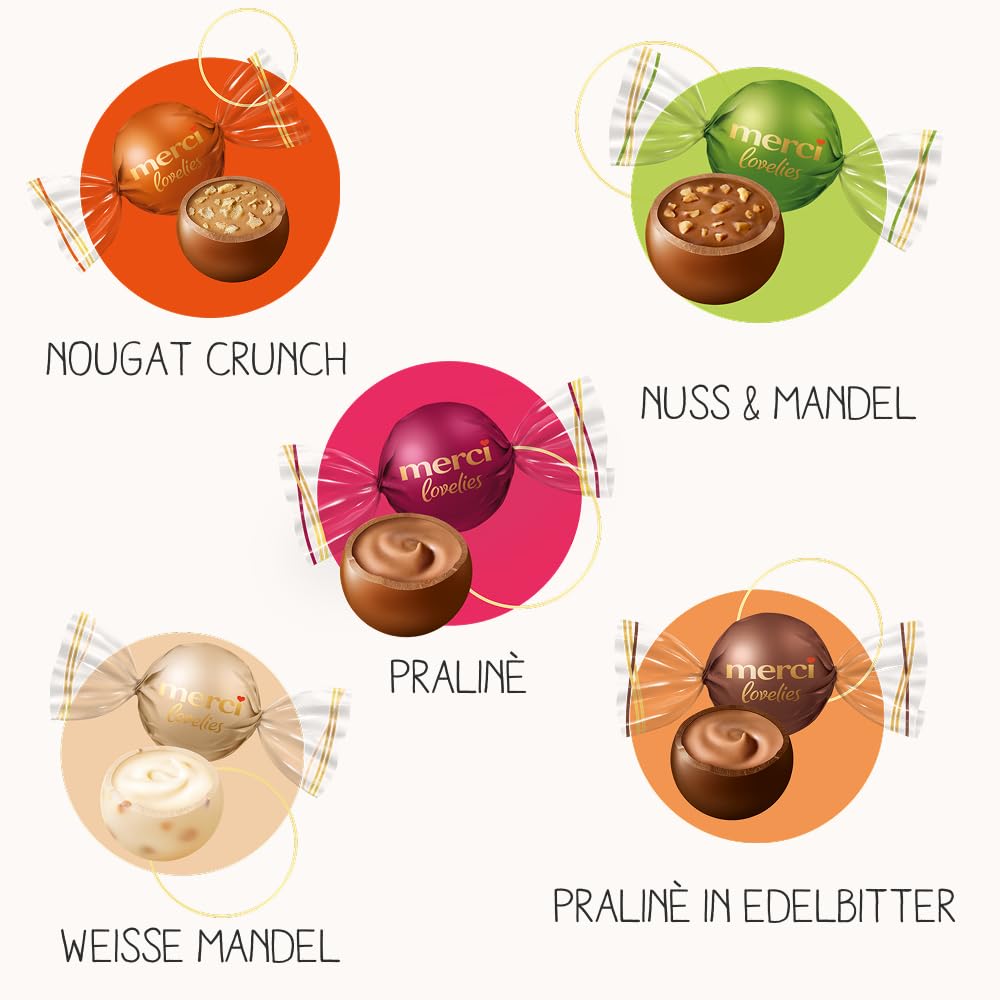 merci lovelies Classic – 1 x 185 g – Pralinen-Schachtel mit 5 gefüllten Schokoladen-Spezialitäten – Schokokugeln zum Teilen & Verschenken