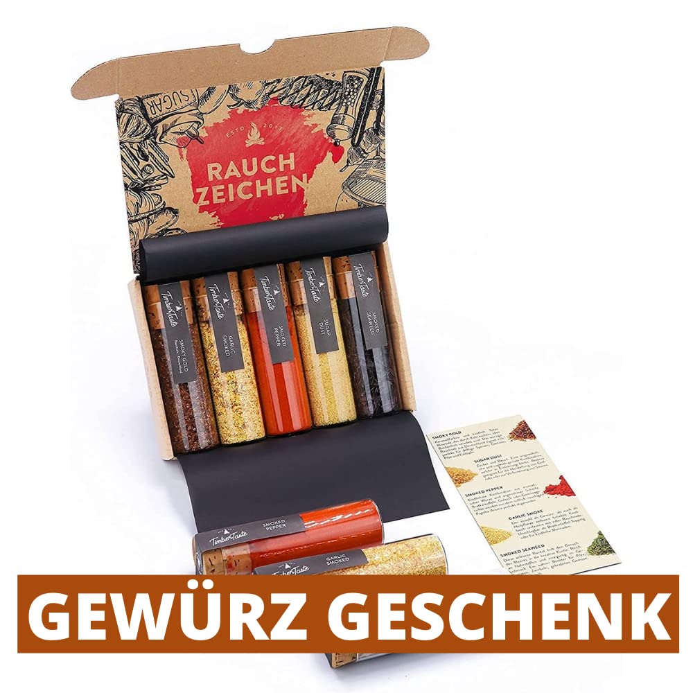 TIMBER TASTE® Grillgewürze Geschenkset - 5 premium BBQ Gewürze Rubs & Marinaden in edler Geschenkbox | Geschenke für Männer | Vatertag Geschenk | Gewürze Geschenkset ideal zum Grillen Geschenk Set
