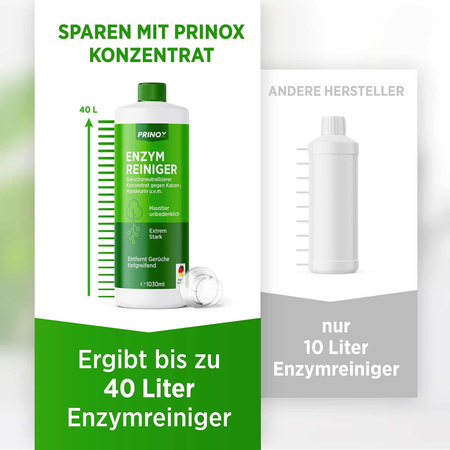 Enzymreiniger Konzentrat 1030ml XXL SET inkl. Mischflasche - STARKER GERUCHSENTFERNER - Ergibt bis zu 40L Geruchsneutralisierer - Beseitigt Hundeurin, Katzenurin Geruch tiefgreifend uvm. I Made in DE