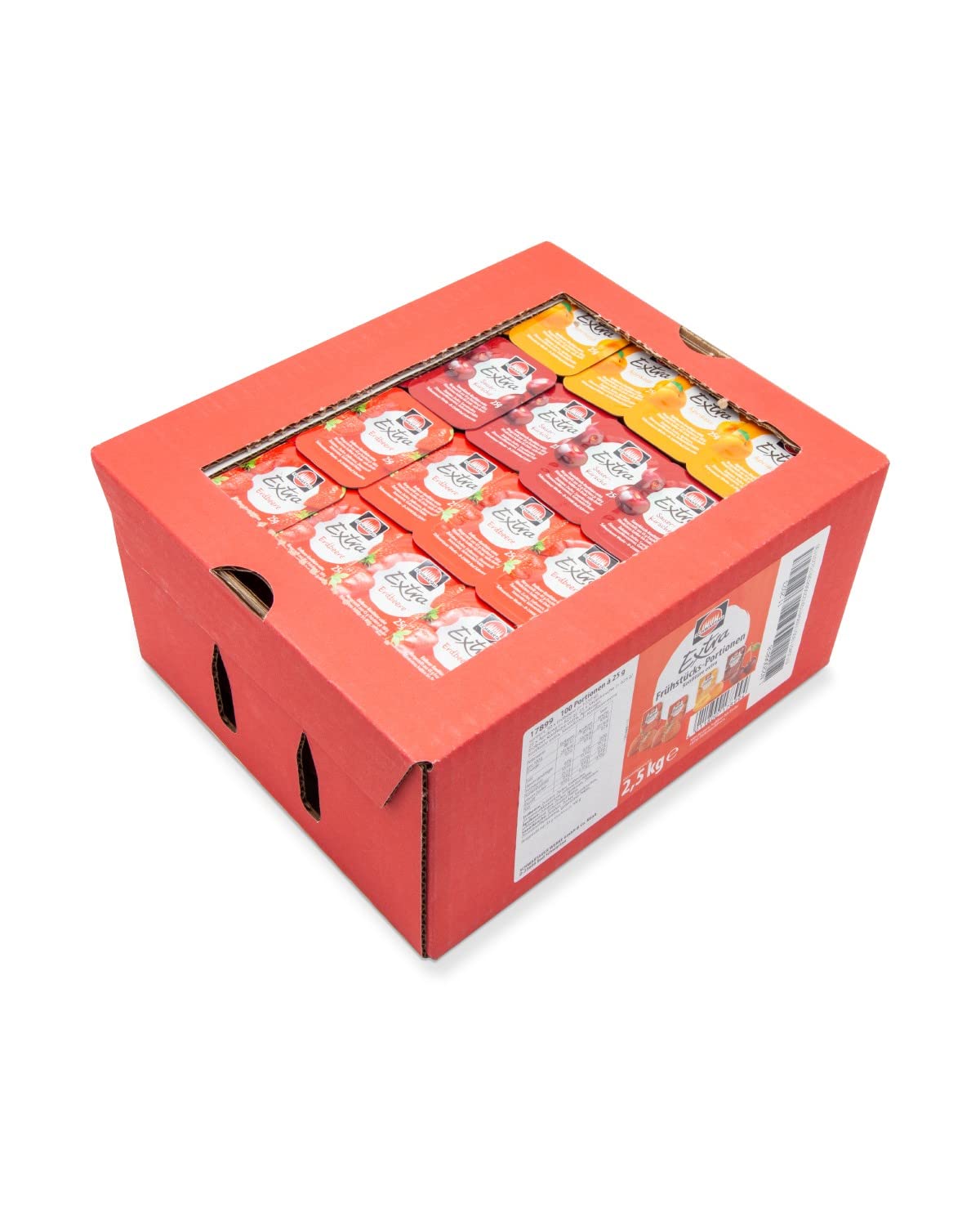 Schwartau Samt Portionen Mix-Box, Konfitüre Portionsschalen (50 x Erdbeere, 25 x Aprikose, 25 x zweierlei Kirsch), Großpackung, 100 x 25g