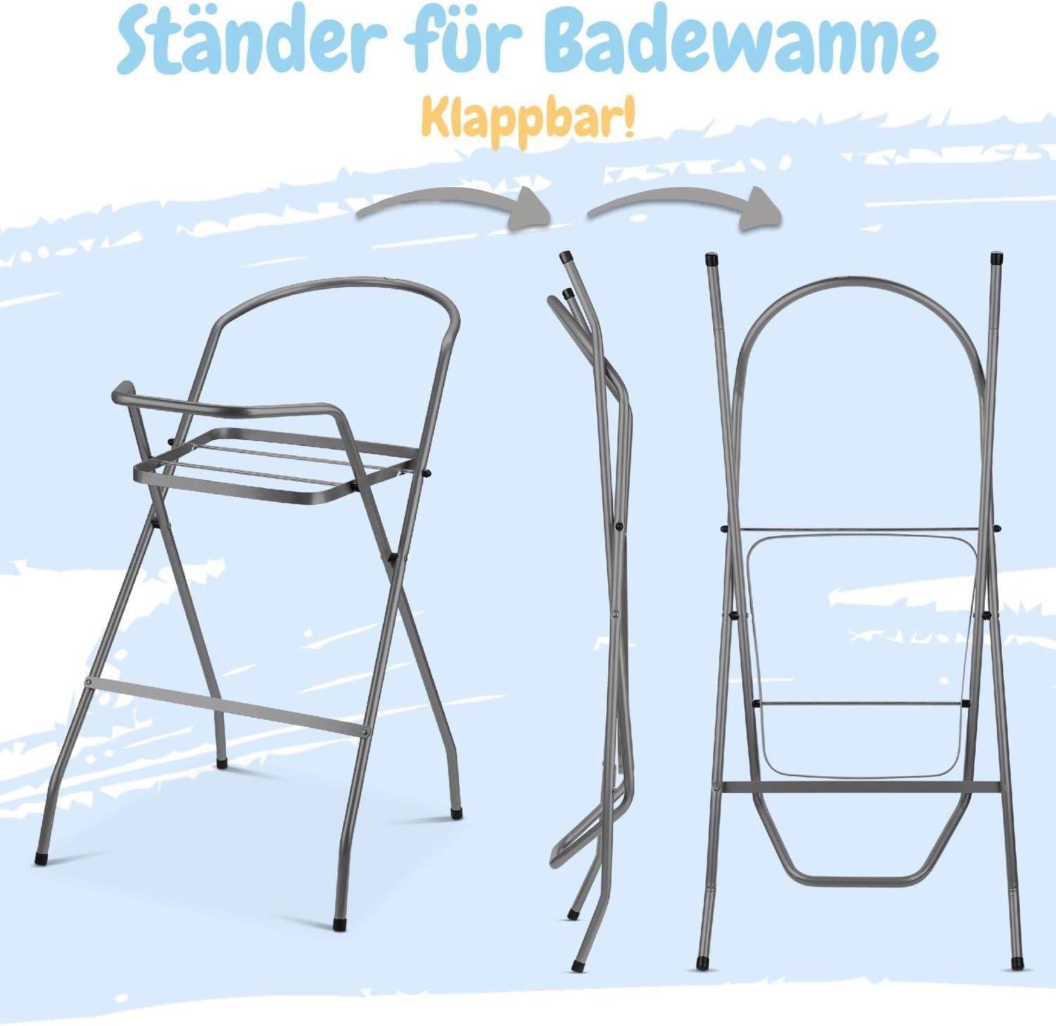 Baby Badewanne mit Gestell 4 Set TÜV Rheinland zertifiziert! Babybadewannen + Baby Badewannensitz +Abfluss + Gestell - Babywanne mit Ständer! Baby Pflegeset für Neugeborene.