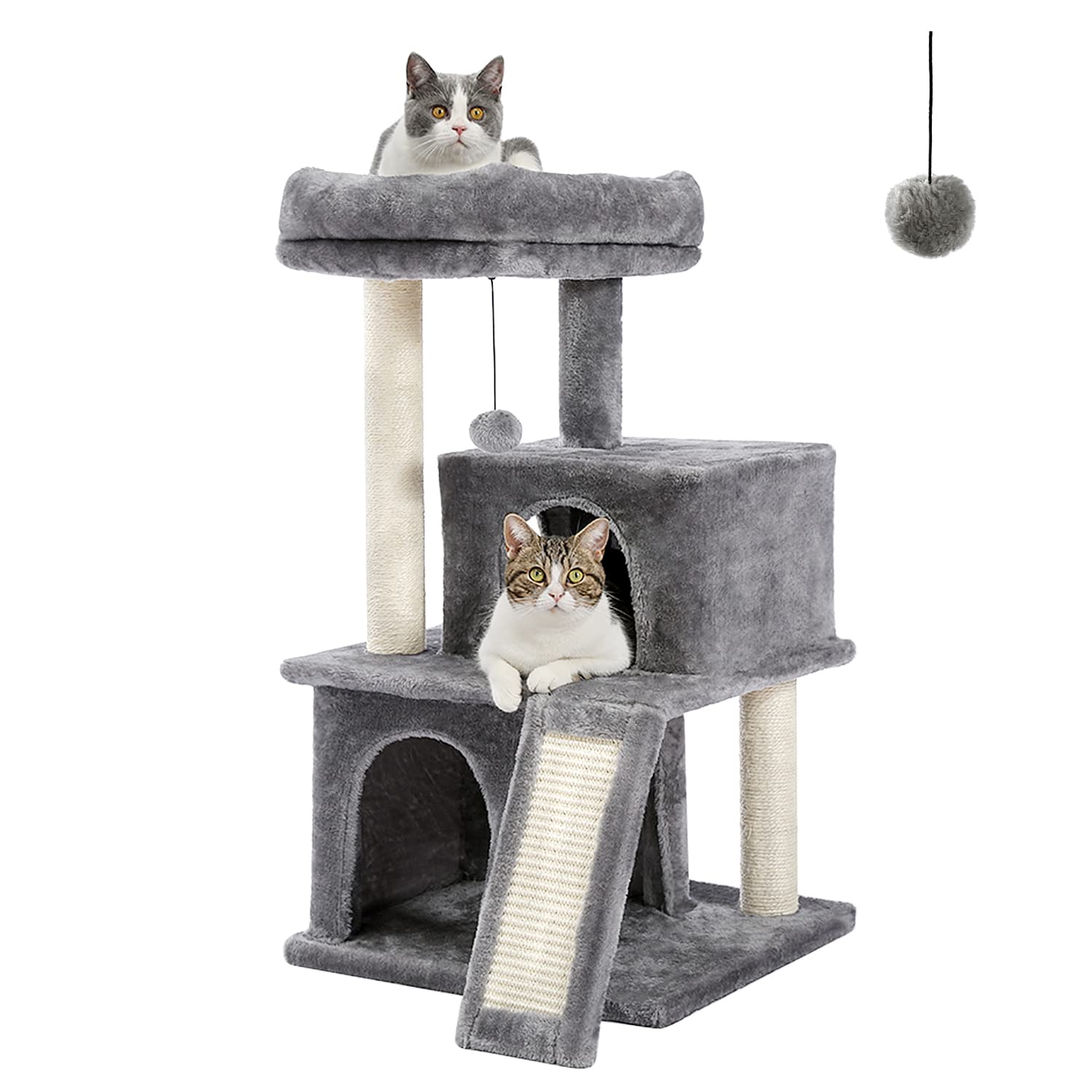 PETEPELA Katzenbaum Kratzbaum Kratzbäume Katzenmöbel mit Sisal-Seil Plüsch Liege höhlen Spielhaus Spielzeug für Katzen Grau