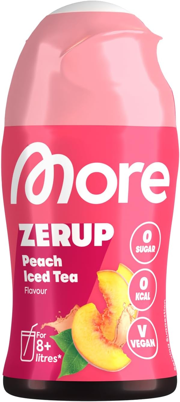 MORE Zerup, Peach Iced Tea, 65 ml, für bis zu 8 l Fertiggetränk, zuckerfreier Sirup mit u.a. echten Fruchtextrakten, vegan, zero Kalorien - made in Germany