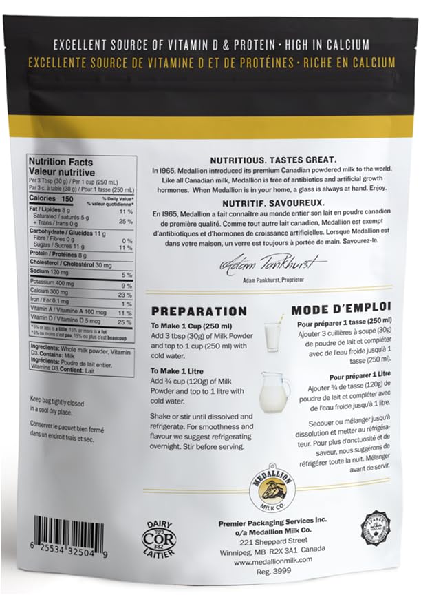 Medallion Brand Whole Milk Powder 500g - Dried Milk from Canada, Antibiotic-Free, No rbST or rBGH