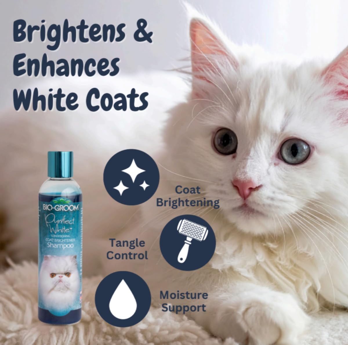 Bio-Groom - Katzenshampoo - Für weiße und helle Fellfarben - Aufheller - Gegen Trockenheit und Verfilzungen - Auf Kokosnussölbasis - 236 ml