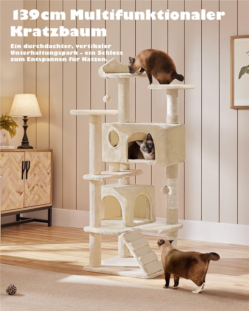 Yaheetech Kratzbaum Groß, 139 cm hoch, Mehrstöckiger Katzenbaum Kletterturm mit 3 Kratzsäulen, 3 Plattformen, 2 Gemütlichen Höhlen, 2 Plüschbällen, Stabiler Aktivitätsbereich für Katzen, Dunkelgrau