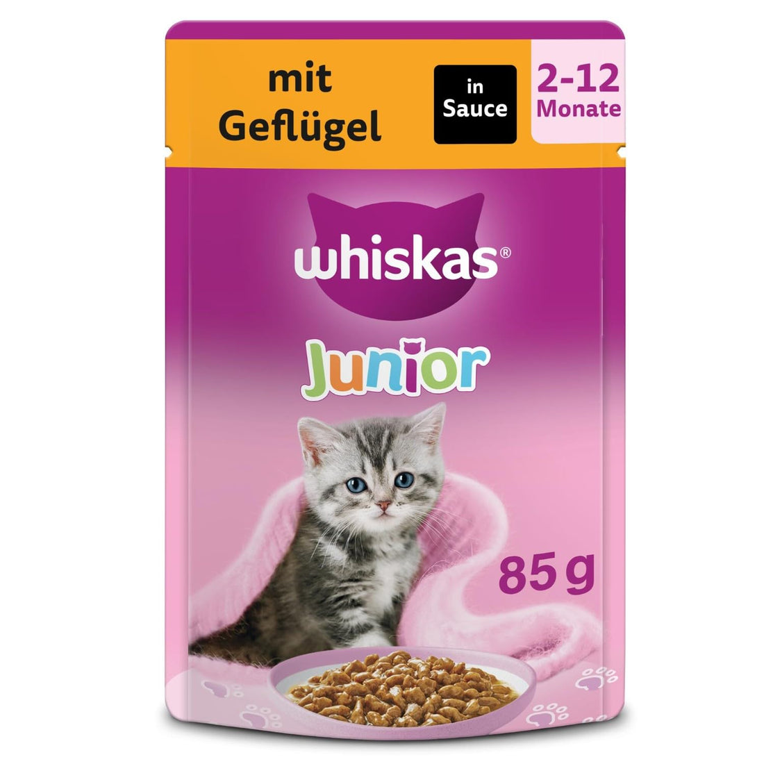 Whiskas Junior Katzennassfutter Klassische Auswahl in Sauce, 48 Portionsbeutel, 12x85g (4er Pack) – Hochwertiges Katzenfutter nass, für heranwachsende Katzen von 2 bis 12 Monaten