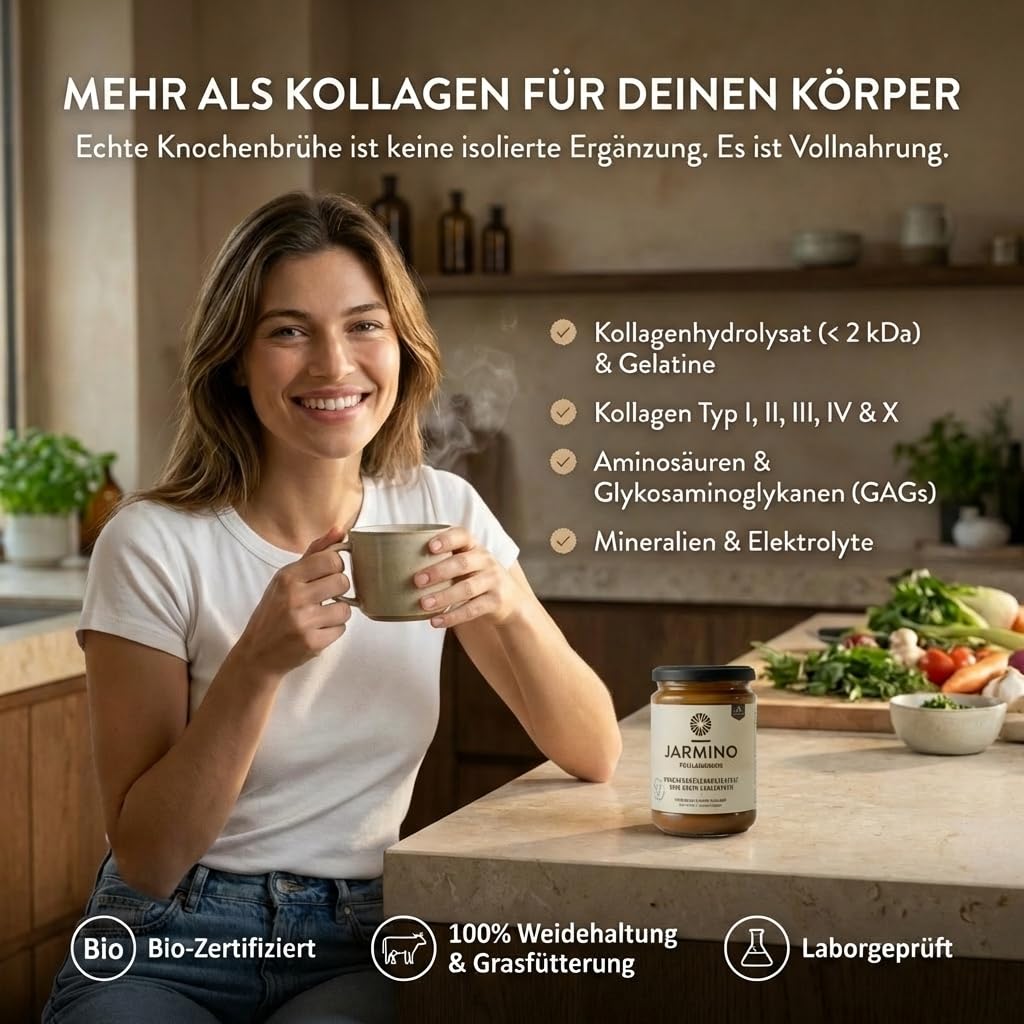 JARMINO Bio Rinderknochenbrühe Konzentrat, Grasgefütterte Brühe für Menschen, Flüssige Knochenbrühe mit Kollagenprotein, Keto, Paleo & AIP geeignet, Rinderbrühe, 440 g, 44 Portionen