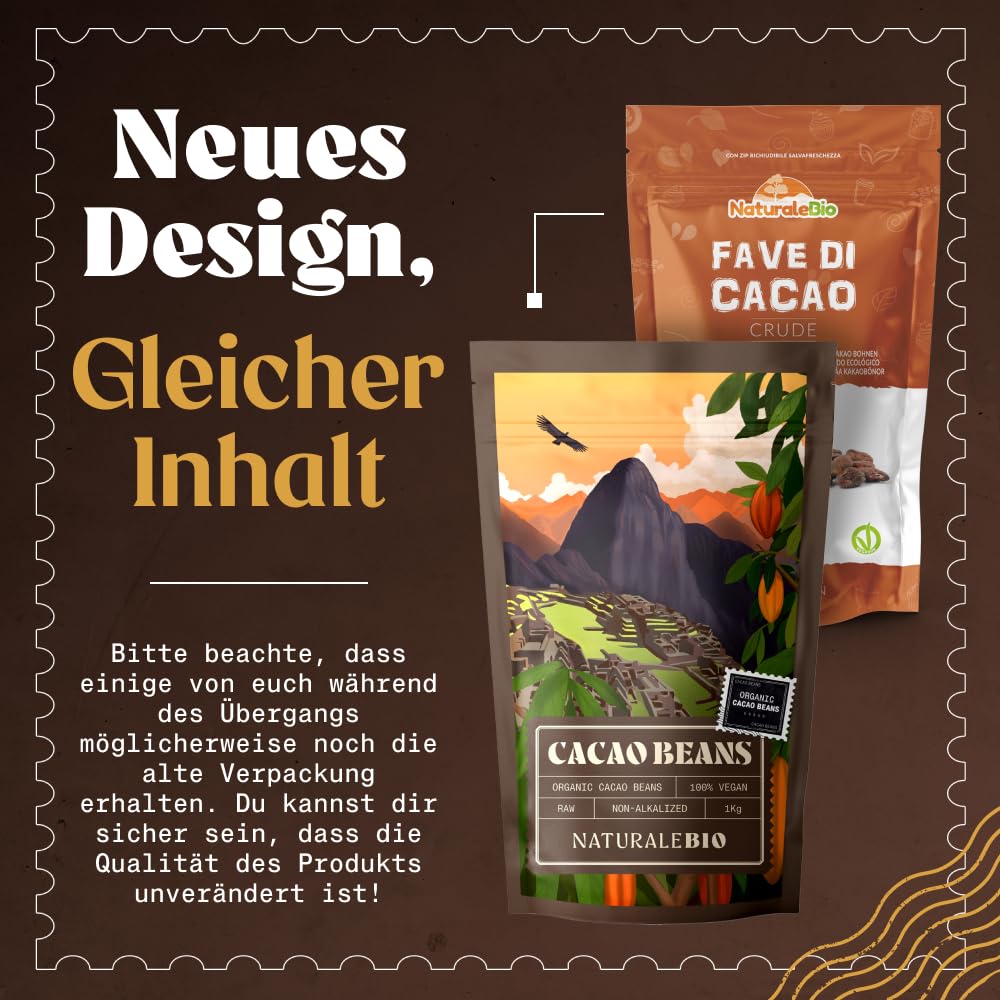 NaturaleBio Kakao Pulver Bio 1kg. Organic Cacao Pulver, Roh & Ungesüßt, Ideal für Getränke, Smoothies & Backen, Reich an Magnesium & Phosphor, Geprüft auf Schwermetalle