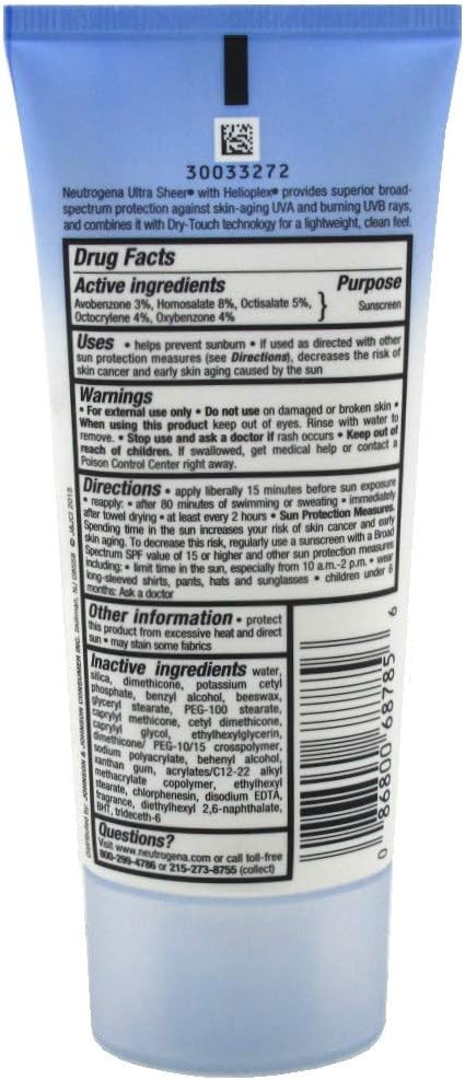 Neutrogena Ultra Sheer Dry-Touch Sunscreen Lotion, Broad Spectrum SPF 55 UVA/UVB Protection, Oxybenzone-Free, Light, Water Resistant, Non-Comedogenic & Non-Greasy, Travel Size, 3 fl. oz