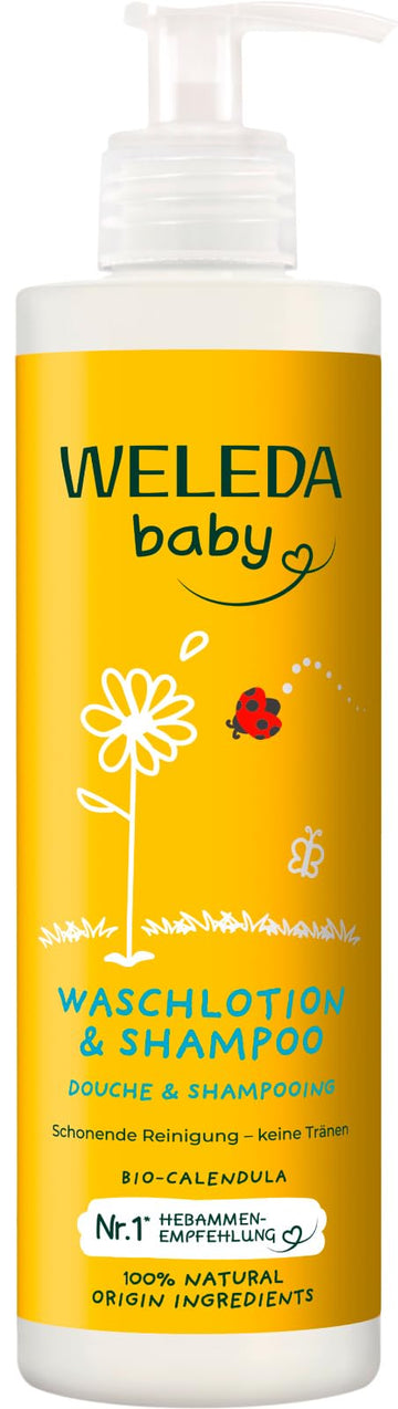 WELEDA Bio Calendula Baby Waschlotion & Shampoo - veganes Naturkosmetik Duschgel zur Hautpflege / Haarpflege bei Neugeborenen. Babypflege Dusche für empfindliche Haut, mild zu den Augen (1x 200ml)