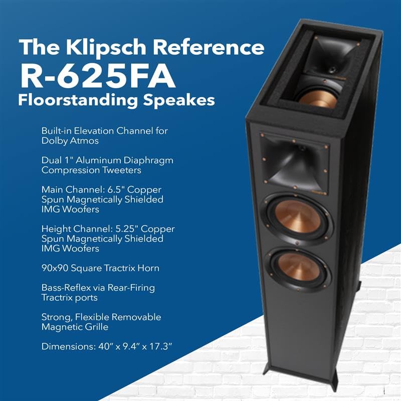 Klipsch Reference 5.2 Home Theater System, Bundle 2X R-625FA Floorstanding 2X R-12SW Subwoofer, R-52C Center, R-41M Bookshelf Speakers, and Yamaha RX-A2AB 7.2-Channel AV Receiver