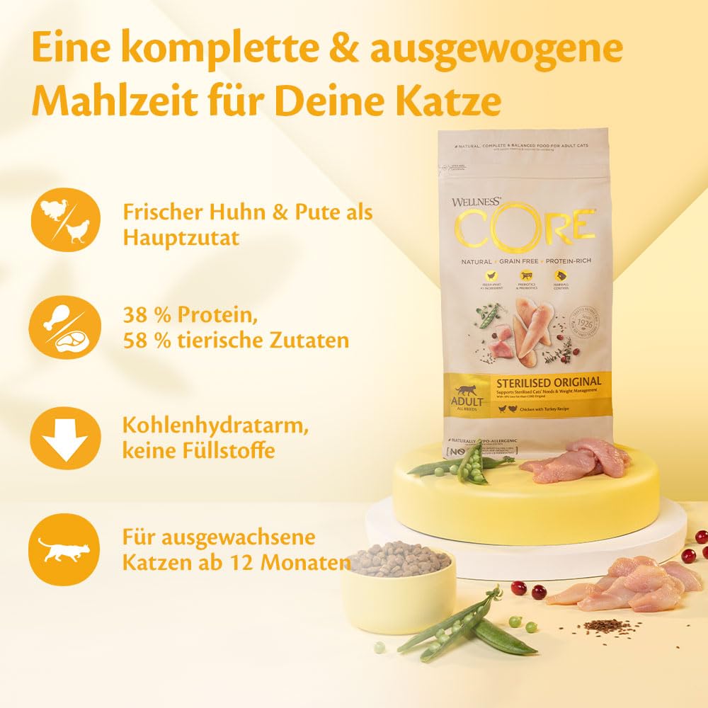 Wellness CORE Sterilised Ocean 4 kg, Lachs – Katzenfutter Trocken für sterilisierte Katzen, getreidefrei, natürlich, hypoallergen, proteinreich, unterstützt gesunde Haut und glänzendes Fell