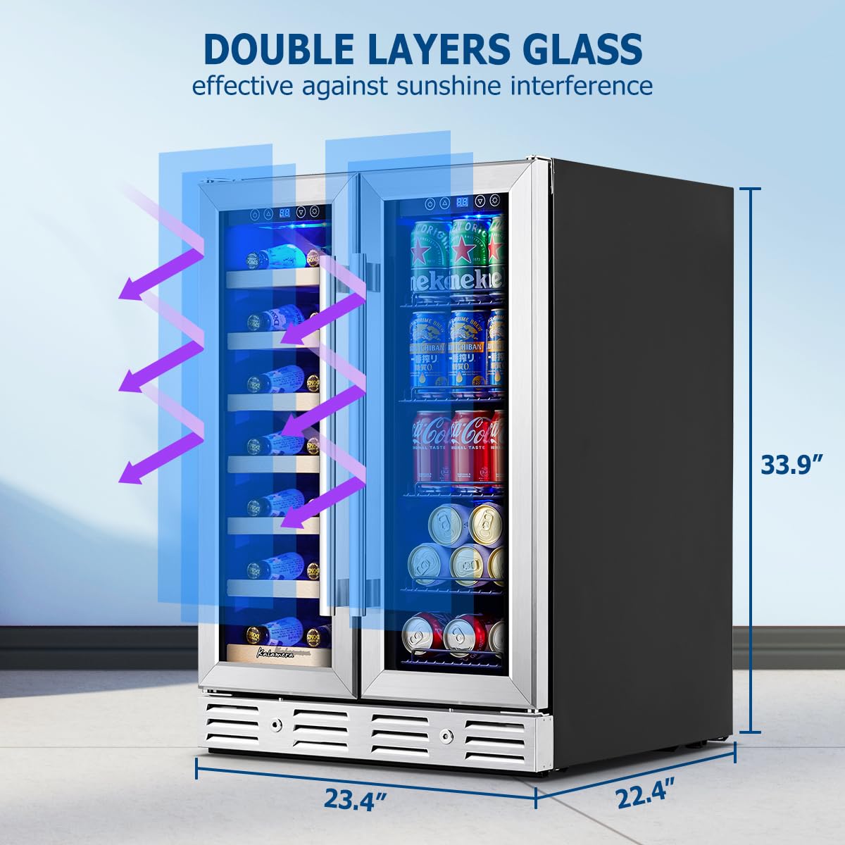 Kalamera 24 inch Wine Cooler, 37 Bottle - Dual Zone Built-in or Freestanding Fridge with Stainless Steel Reversible Glass Door, for Home, Kitchen or Office