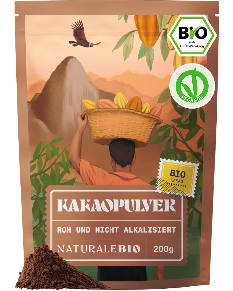 NaturaleBio Kakao Pulver Bio 1kg. Organic Cacao Pulver, Roh & Ungesüßt, Ideal für Getränke, Smoothies & Backen, Reich an Magnesium & Phosphor, Geprüft auf Schwermetalle