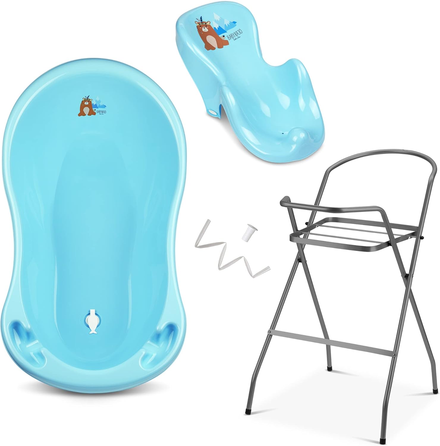 Baby Badewanne mit Gestell 4 Set TÜV Rheinland zertifiziert! Babybadewannen + Baby Badewannensitz +Abfluss + Gestell - Babywanne mit Ständer! Baby Pflegeset für Neugeborene.